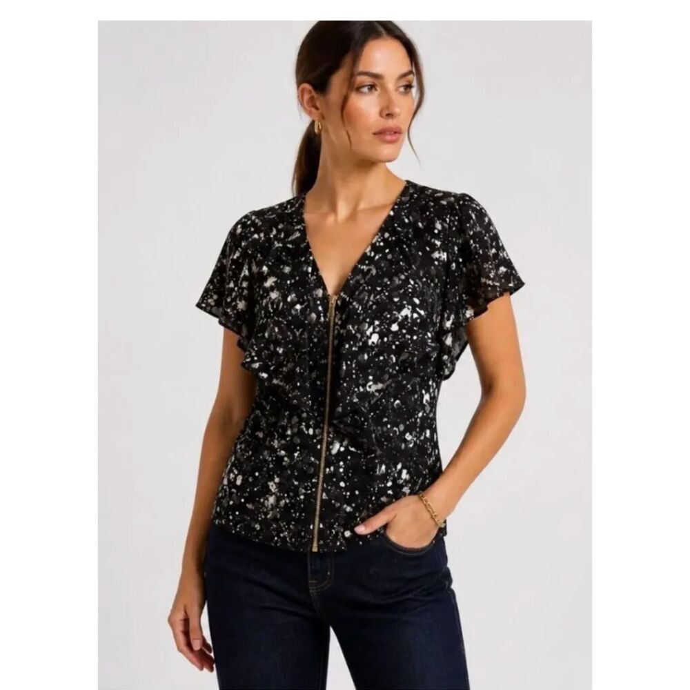 Tory Burch Rebecca Paint Splatter Front Zipper Closure Silk Ruffle Blouse 10